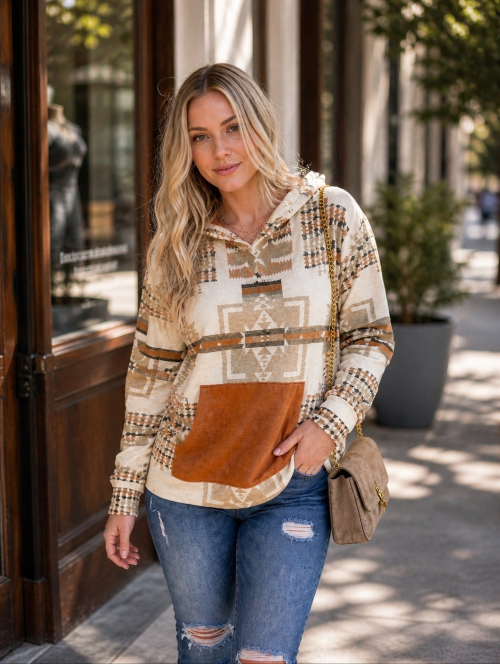 Western Aztec Hoodie Pullover Camel Pocket Boho Chic Size M